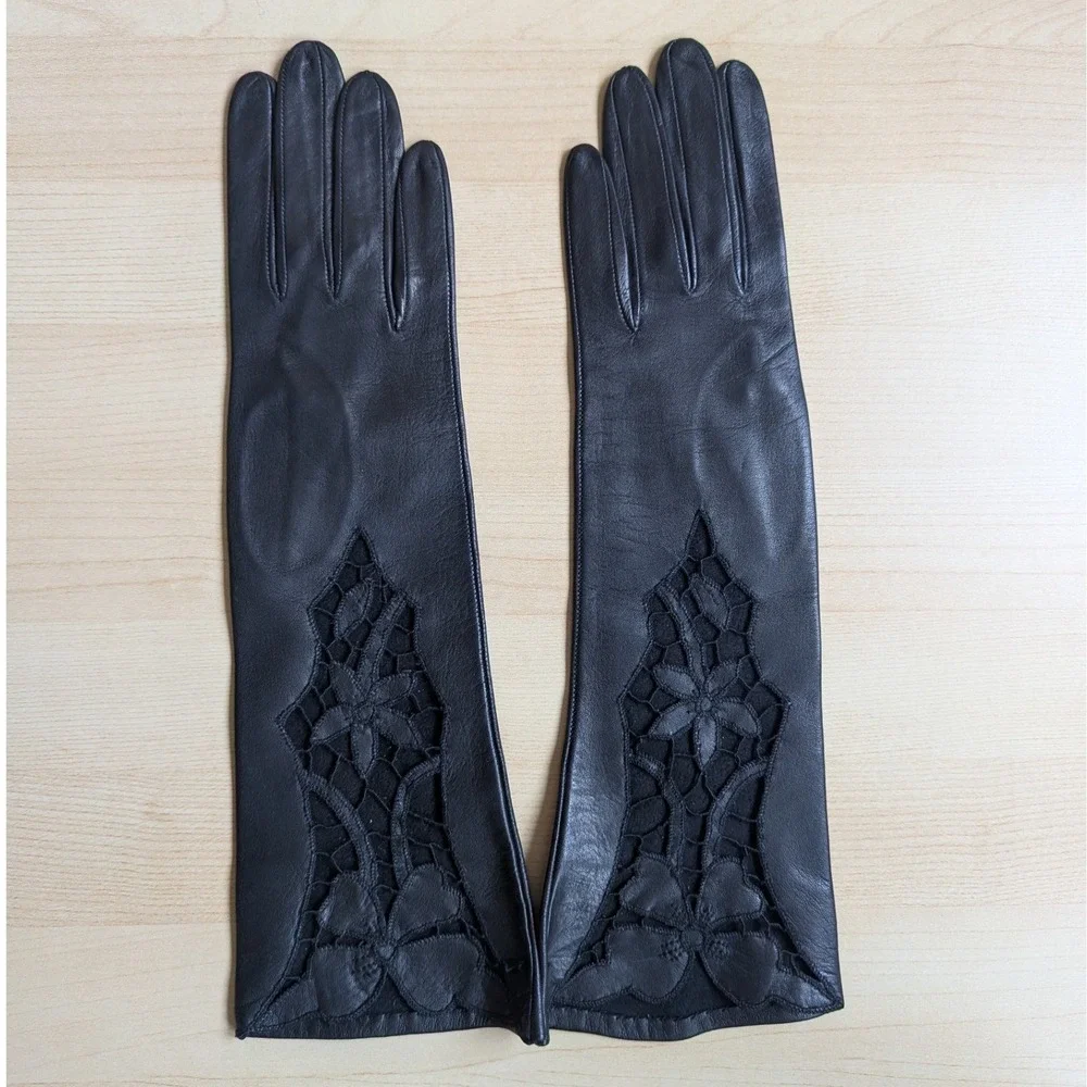 Vintage Black Leather Opera Length Gloves Floral Lace Cutout Unlined Evening